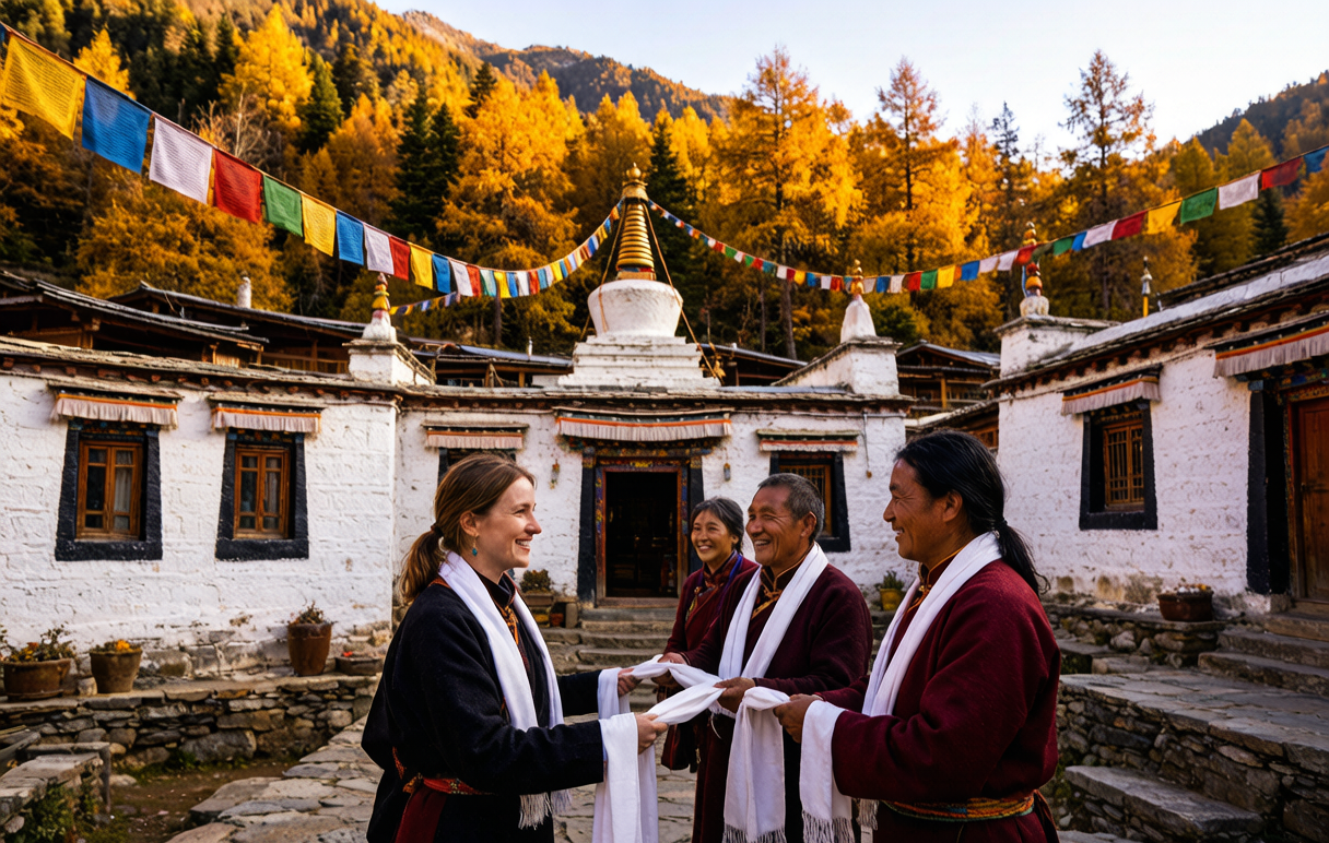 Tibetan villages — welcomed with white hada scarves