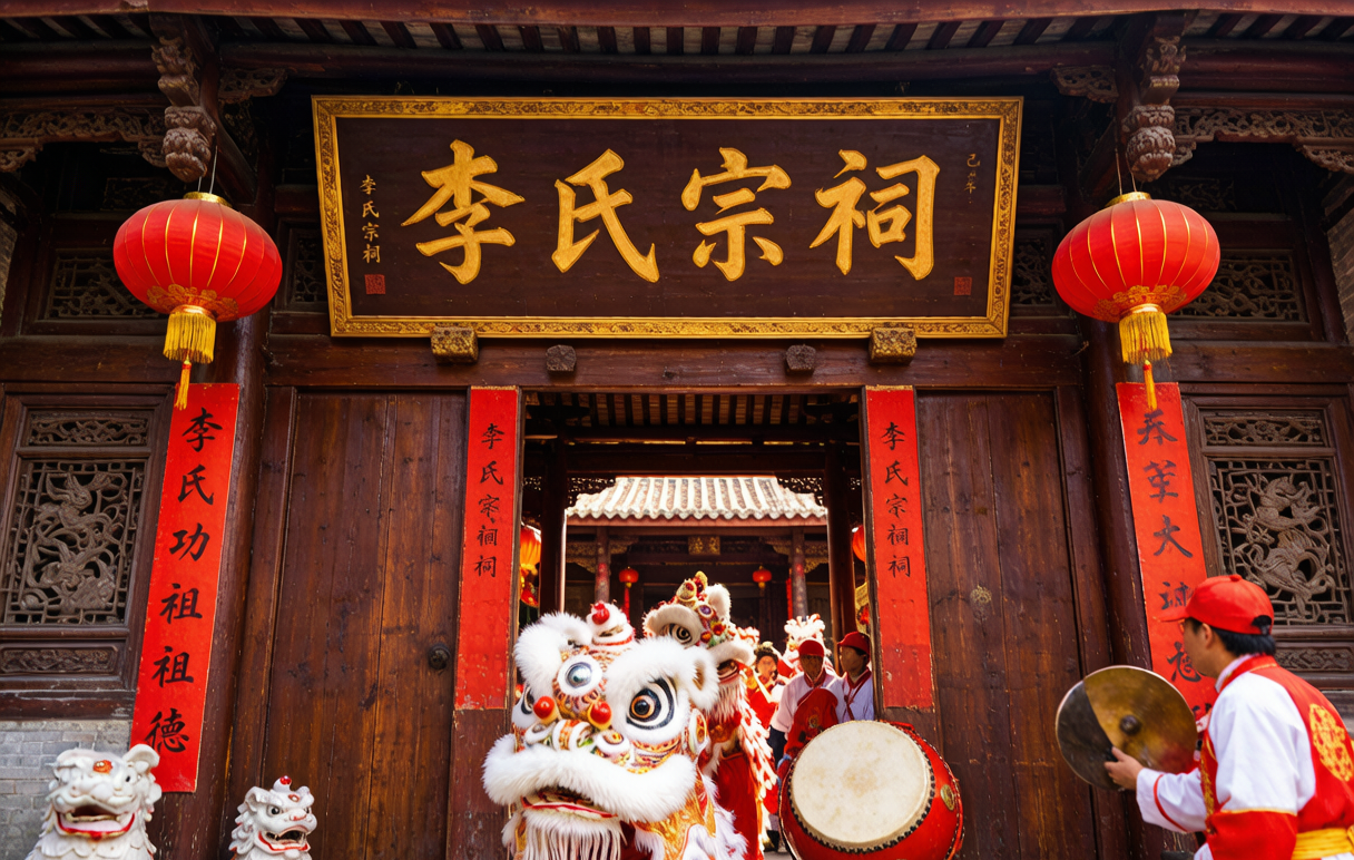 Lion dance welcome &mdash; drums and cymbals greet returning Li clan members