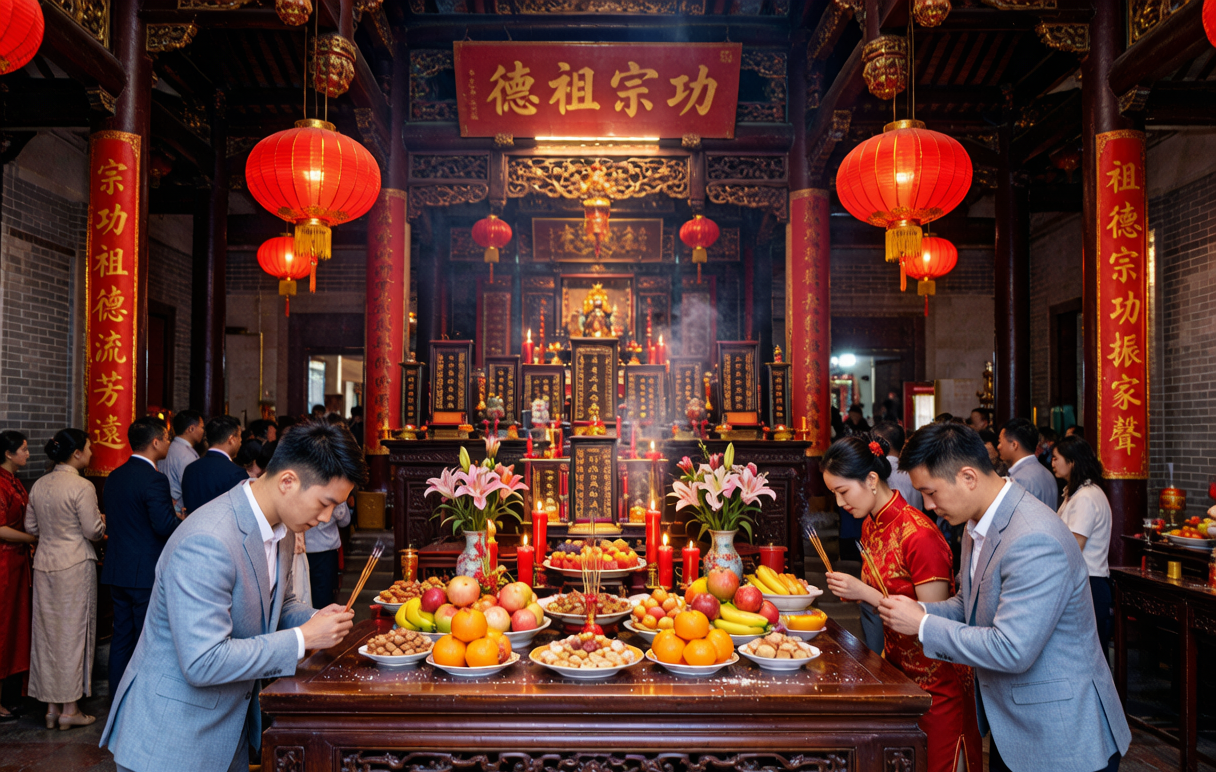 Ancestral worship &mdash; hold incense and bow with respect to your ancestors