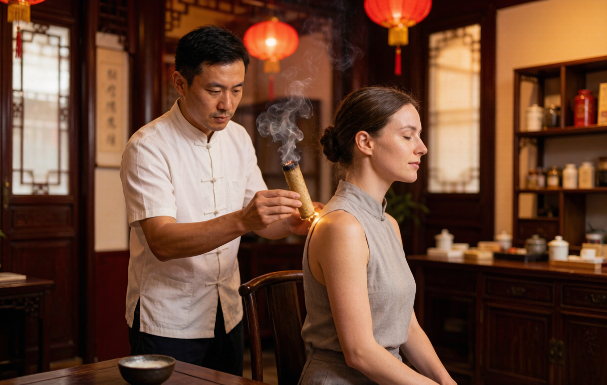 Moxibustion &mdash; warm mugwort dispels cold and deeply relaxes the body