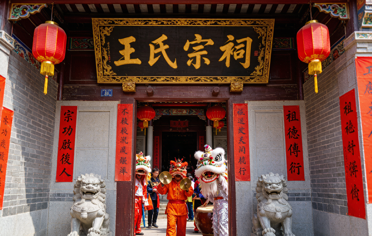 Lion dance welcome &mdash; drums and cymbals greet returning Wang clan members