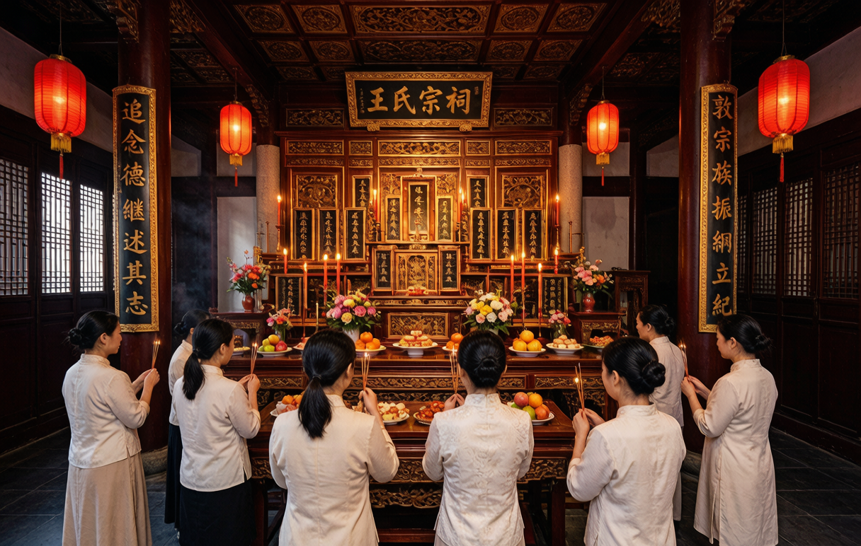 Ancestral worship &mdash; hold incense and bow with respect to the Wang ancestors