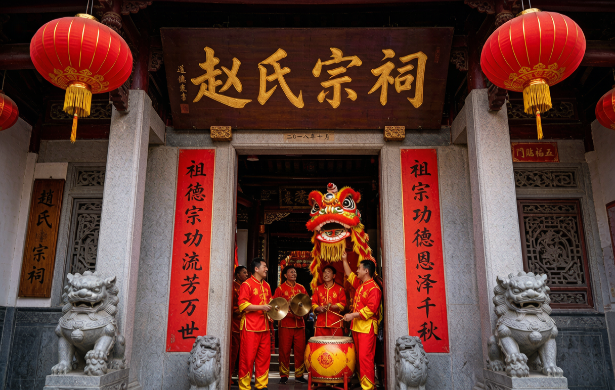 Lion dance welcome &mdash; drums and cymbals greet returning Zhao clan members