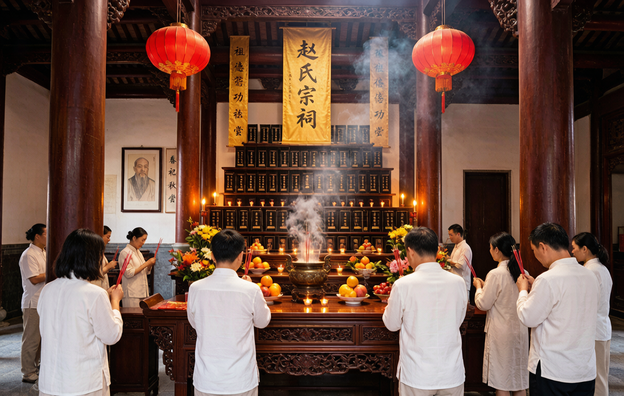 Ancestral worship &mdash; hold incense and bow with respect to the Zhao ancestors